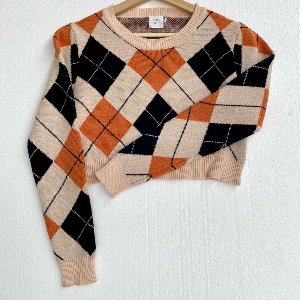 Anthropologie Luna Ivy Cropped Argyle Sweater Orange, Black, Cream-Size M/L